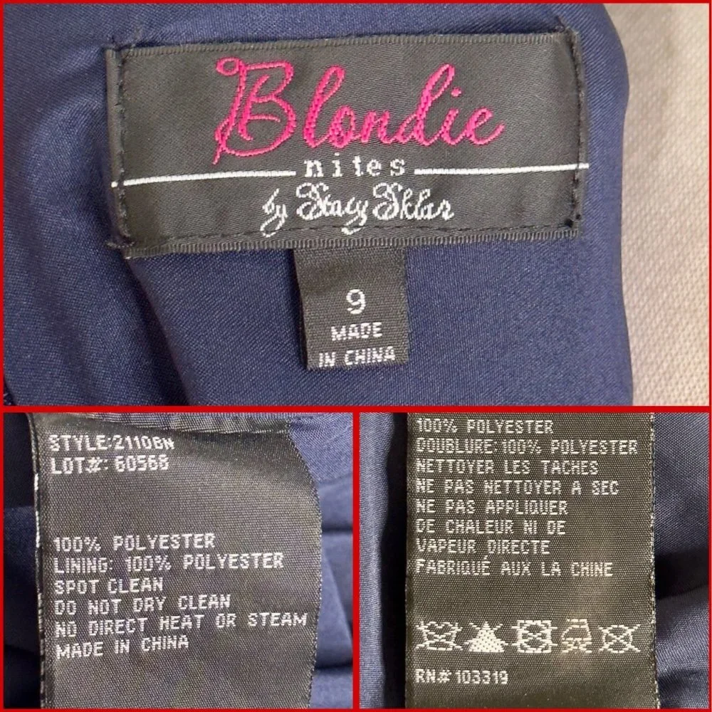 Blondie Nites Navy Gold Embroidered V-Neck V-Back Formal Dress Ball Gown Size 9 - Picture 6 of 16